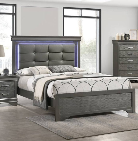 Gray Finish 1pc Queen Size Bed Square Button Tufting LED Lights Gray Finish Bedroom Furniture