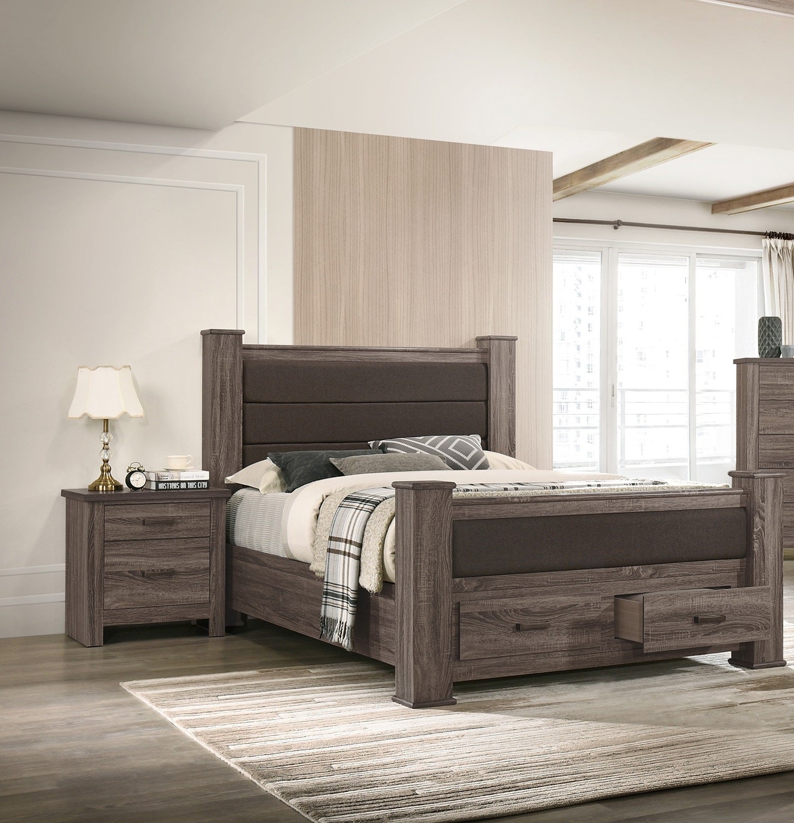 Modern Style 1pc Queen Size Bed Upholstered Headboard Footboard Drawers Brown Finish Bedroom Furniture