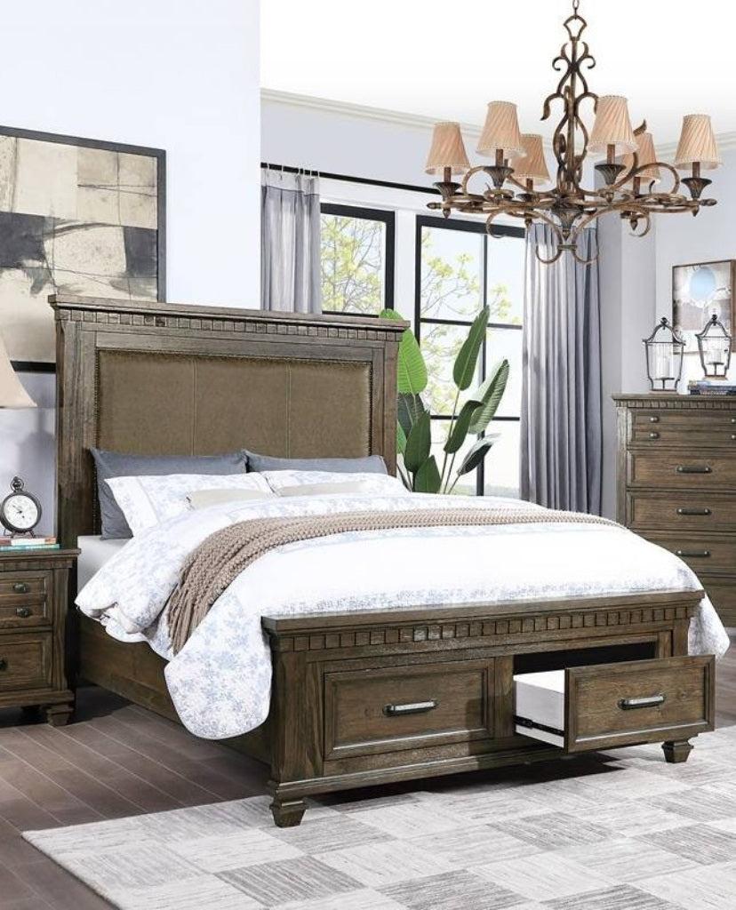 Traditional Style 1pc Queen Size Bed Footboard Drawers Upholstered Headboard Brown Finish Bedroom Furniture