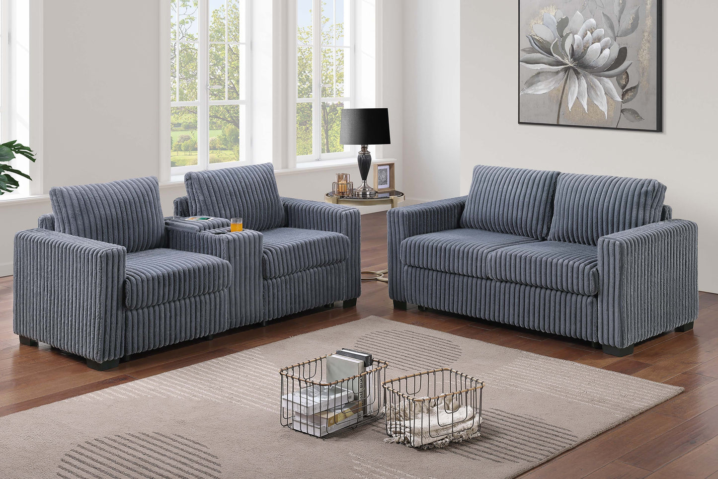 Modern Style 2pc Sofa Set 1x Sofa 1x Loveseat Back Cushion Plastic Legs Cup Holders Charging Port  Corduroy Upholstered Dark Gray Finish Primary Living Room