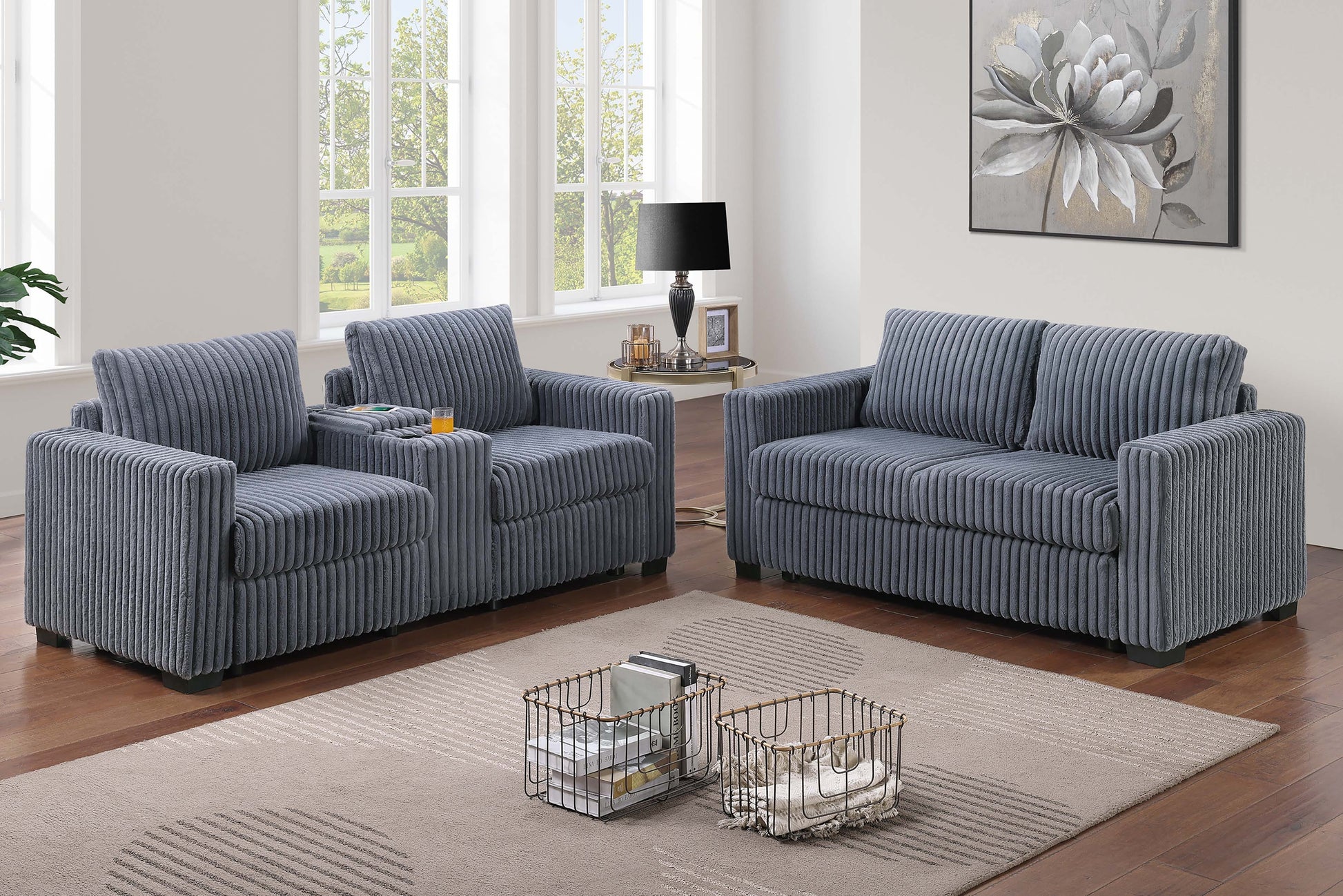 Modern Style 2pc Sofa Set 1x Sofa 1x Loveseat Back Cushion Plastic Legs Cup Holders Charging Port  Corduroy Upholstered Dark Gray Finish Primary Living Room