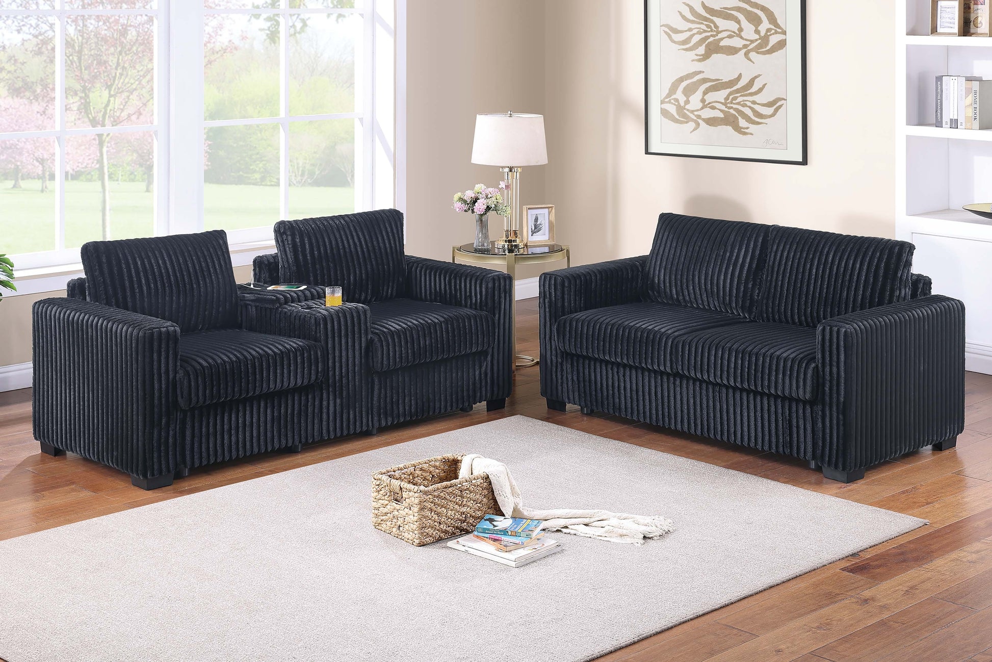 Modern Style 2pc Sofa Set 1x Sofa 1x Loveseat Back Cushion Plastic Legs Cup Holders Charging Port  Corduroy Upholstered Black Finish Primary Living Room