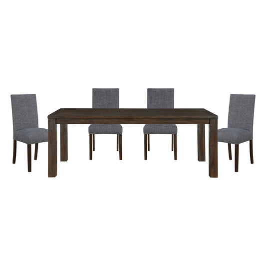 Classic 5pc Dining Set Dark Brown Finish Table and 4x Side Chairs Comfort Upholstery Gray Dining Kitchen Furniture