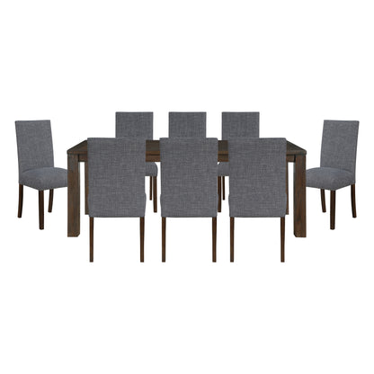 Classic 9pc Dining Set Dark Brown Finish Table and 8x Side Chairs Comfort Upholstery Gray Dining Kitchen Furniture