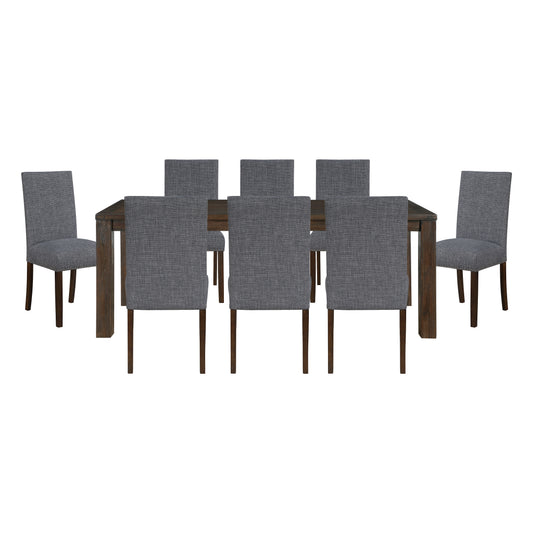 Classic 9pc Dining Set Dark Brown Finish Table and 8x Side Chairs Comfort Upholstery Gray Dining Kitchen Furniture