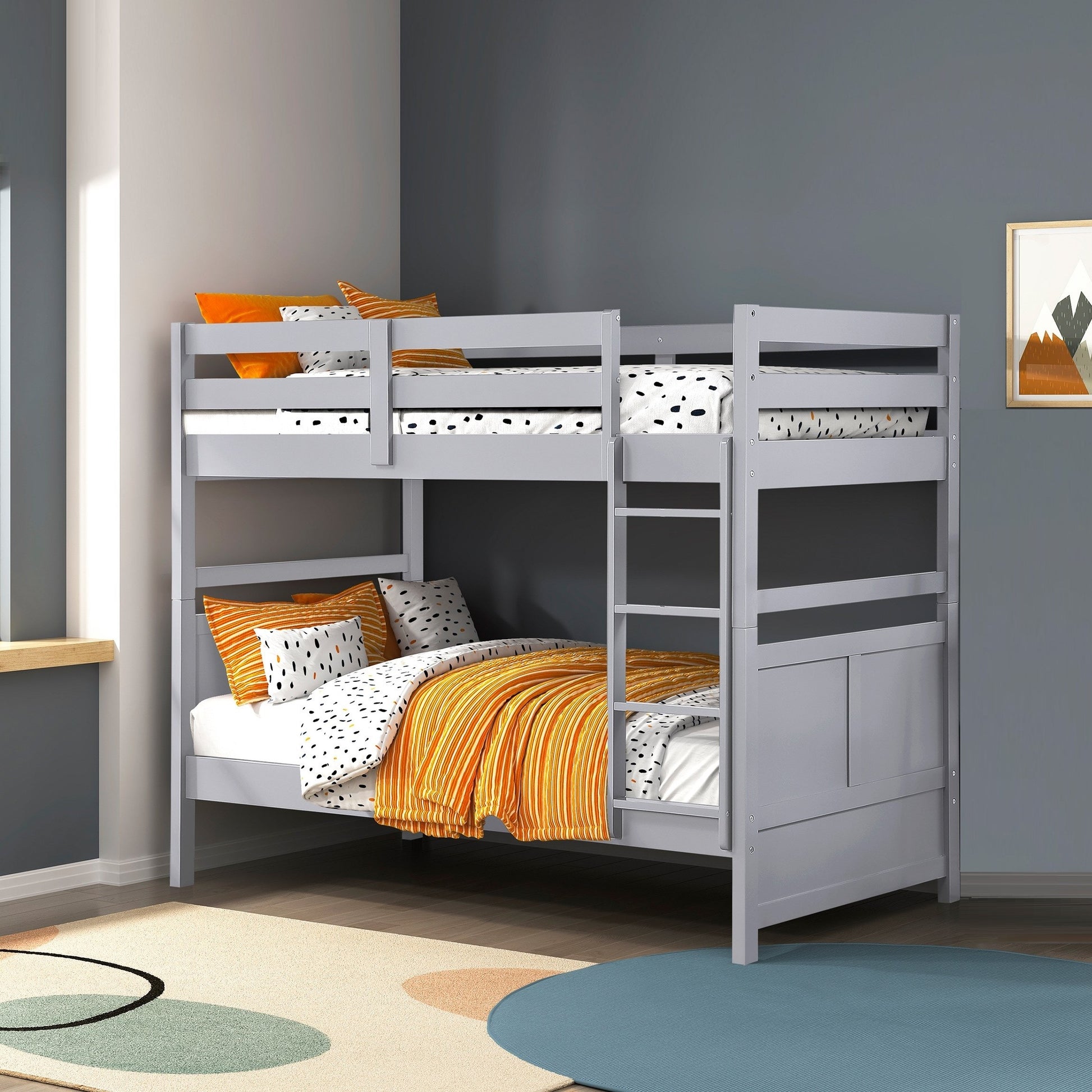 Bunk Bed Twin Over Twin Gray Finish Sturdy Wood Frame Guard Rails Youth Bedroom Furniture 1pc