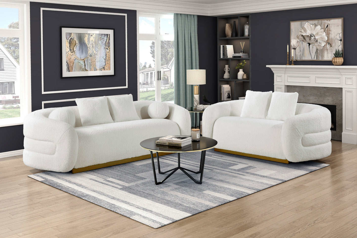 Luxury Living Room Sofa Set 2pc Sofa Loveseat White and Gold Soft Fabric Upholstered Matching Pillows Solid Wood Furniture