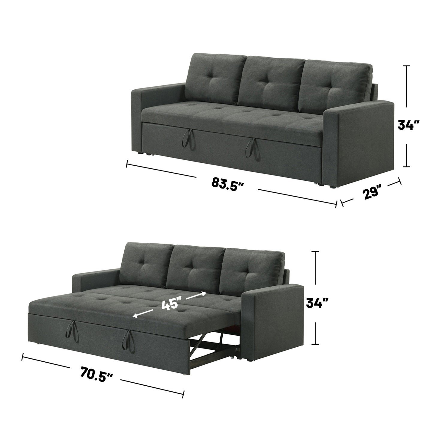 Dark Gray Fabric Sleeper Sofa with Tufted Cushions for Guest Room for Living Room
