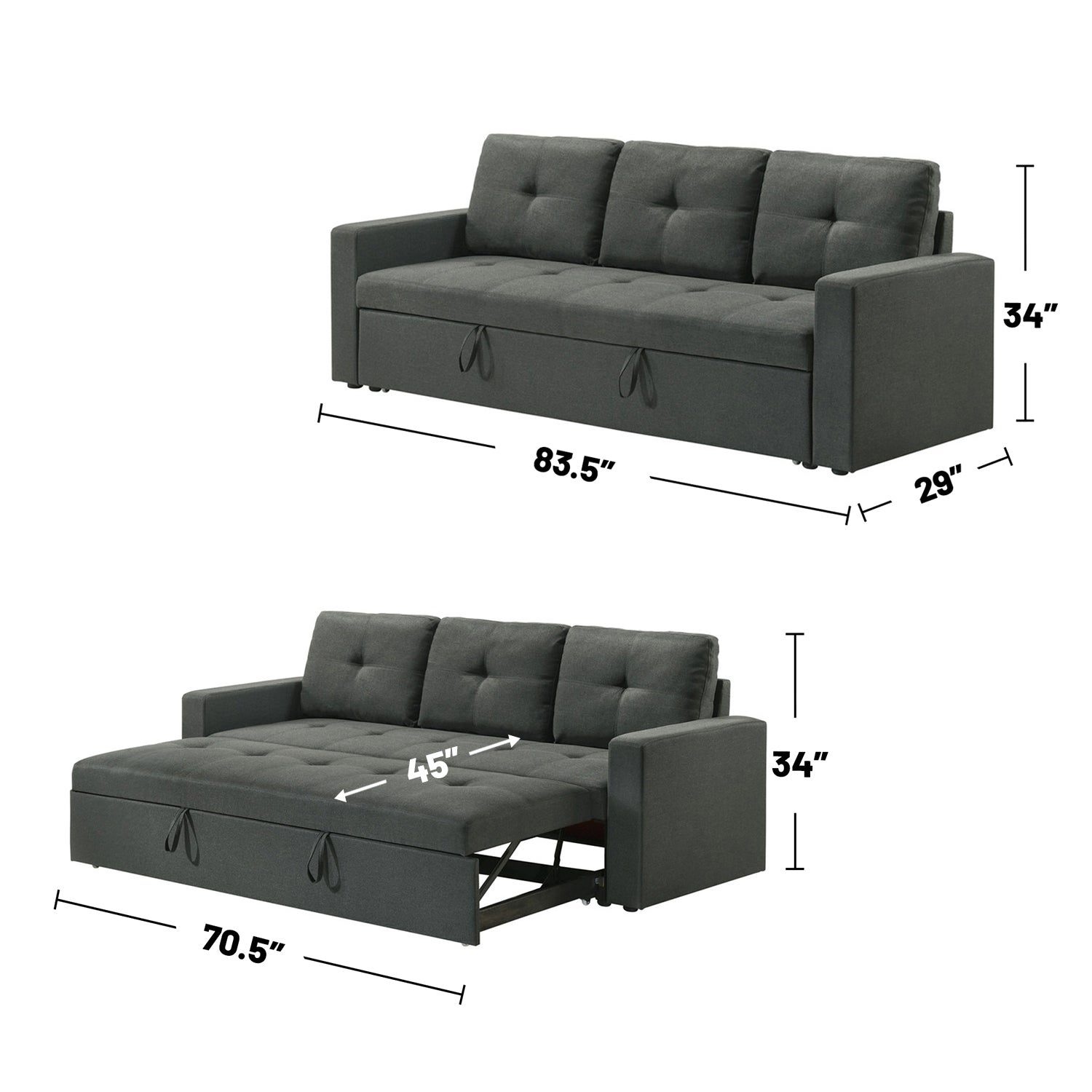 Dark Gray Fabric Sleeper Sofa with Tufted Cushions for Guest Room for Living Room