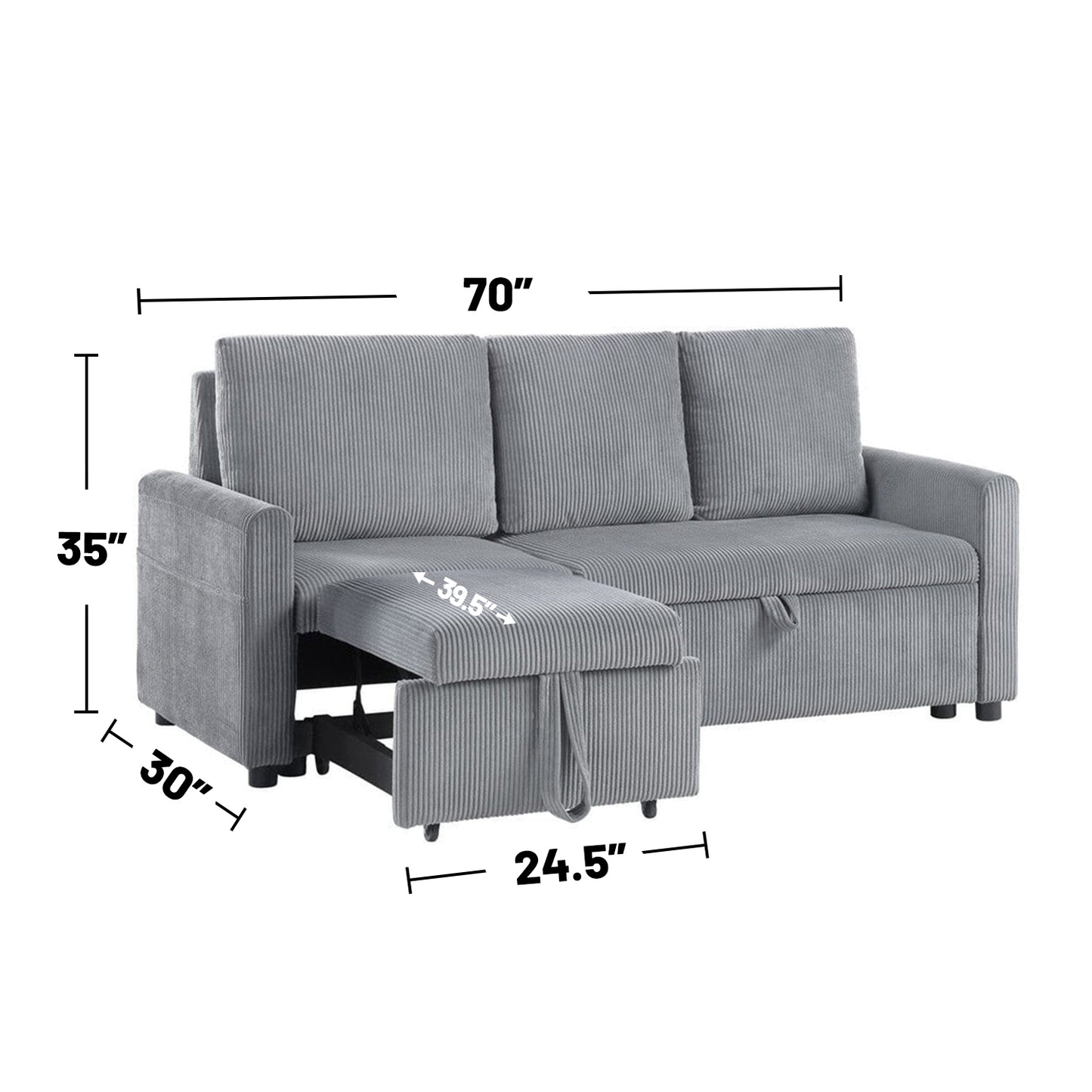 3 Seat Gray Corduroy Sofa with Storage