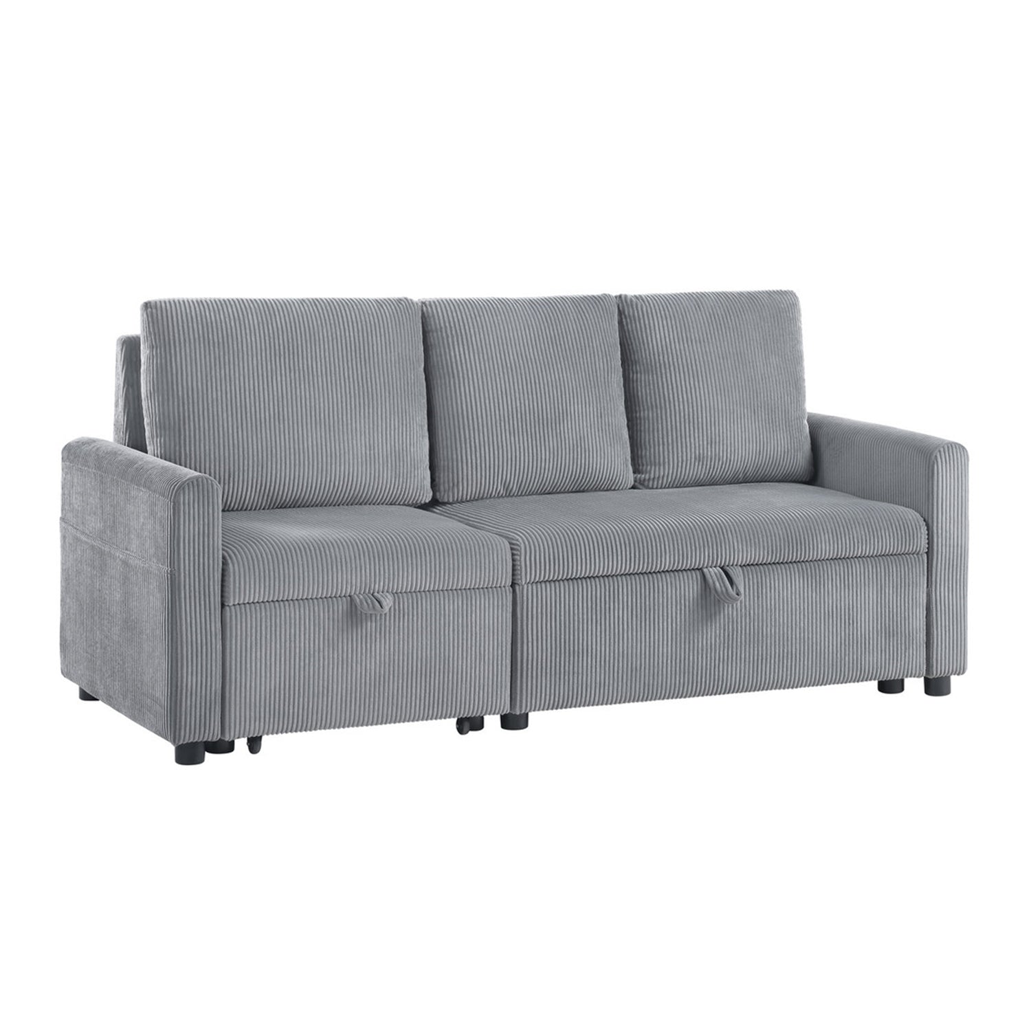Corduroy Upholstered Sofa with Pull-Out Chaise and Underseat Storage, Gray