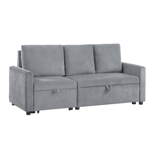 Corduroy Upholstered Sofa with Pull-Out Chaise and Underseat Storage, Gray
