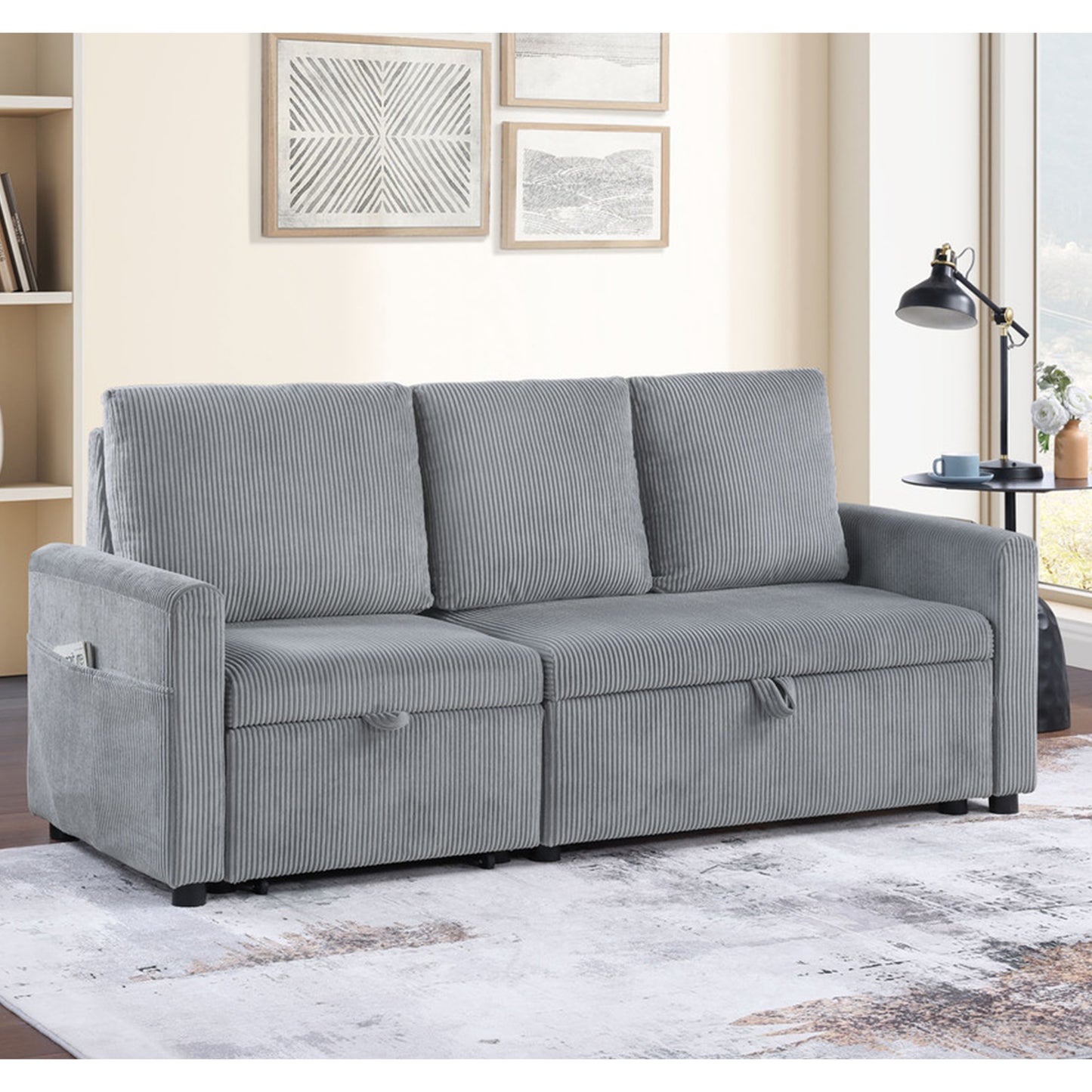 Gray Corduroy Sofa with Chaise Storage - 3 Seats for Living Room