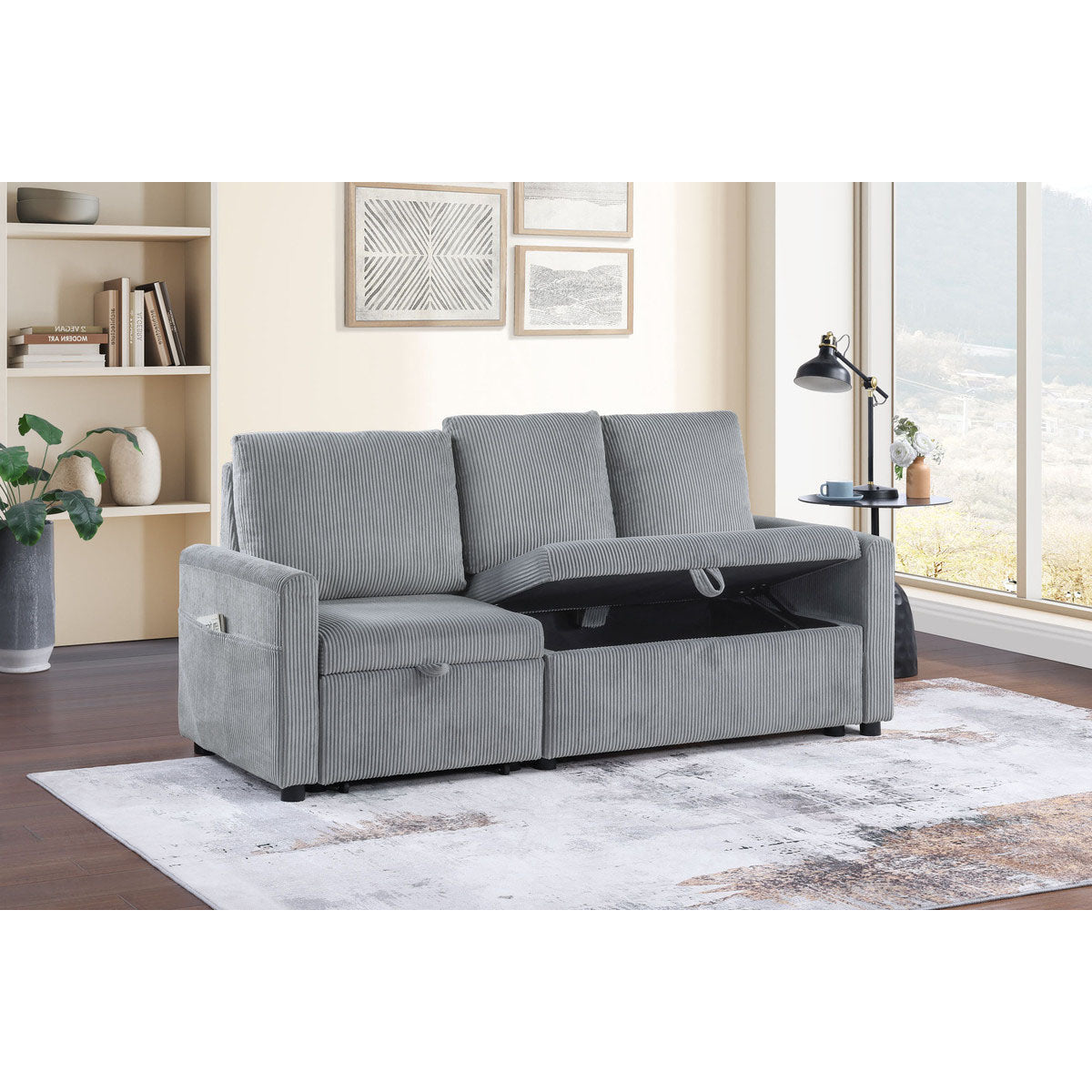 Gray Corduroy Sofa with Chaise Storage - 3 Seats for Living Room