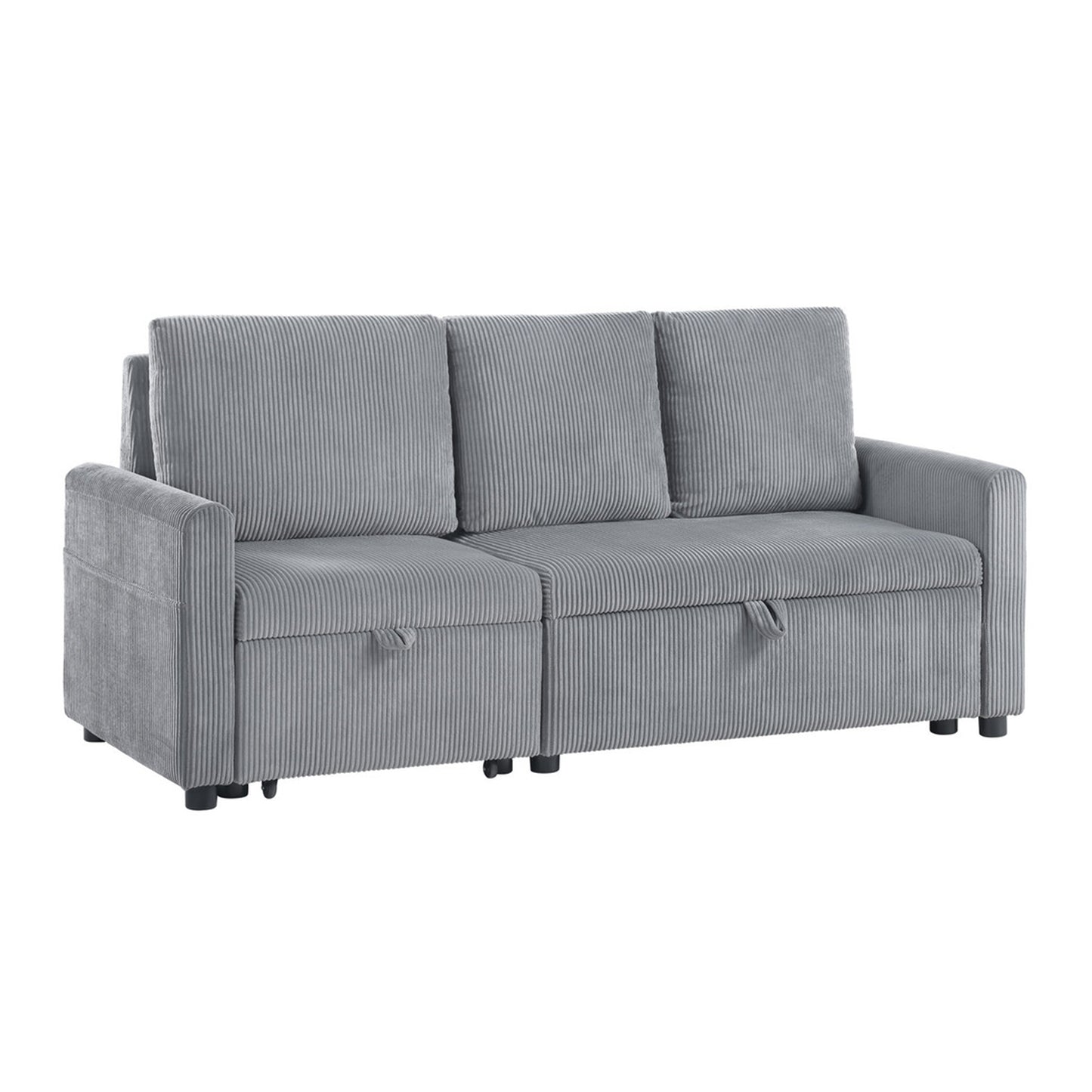 Corduroy Upholstered Sofa with Pull-Out Chaise and Underseat Storage, Gray