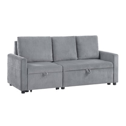 Corduroy Upholstered Sofa with Pull-Out Chaise and Underseat Storage, Gray