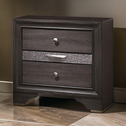 Wooden Nightstand with 2 Drawers and 1 Jewelry Drawer, Gray and Silver