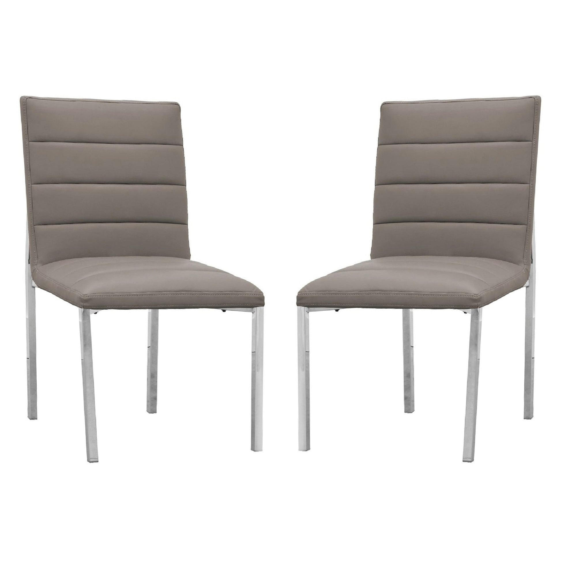 Eun 23 Inch Faux Leather Channel Dining Chair, Chrome Legs, Set of 2, Gray