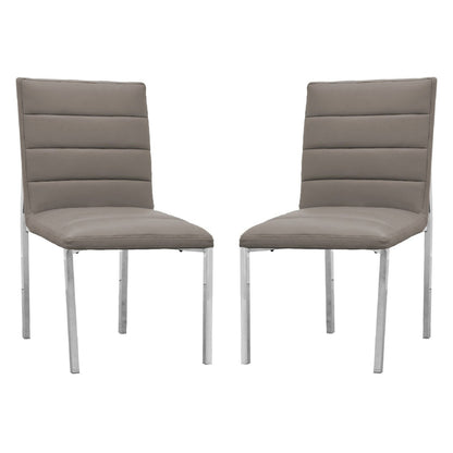 Eun 23 Inch Faux Leather Channel Dining Chair, Chrome Legs, Set of 2, Gray
