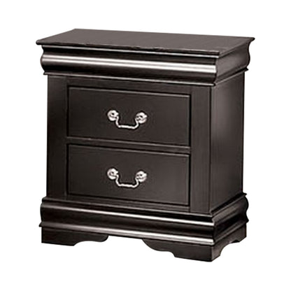 Ryla Nightstand, 2 Drawers, Black Solid Wood, Nickel Metal Drop Handles