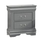 Ryla Nightstand, 2 Drawers, Light Gray Solid Wood, Nickel Drop Handles
