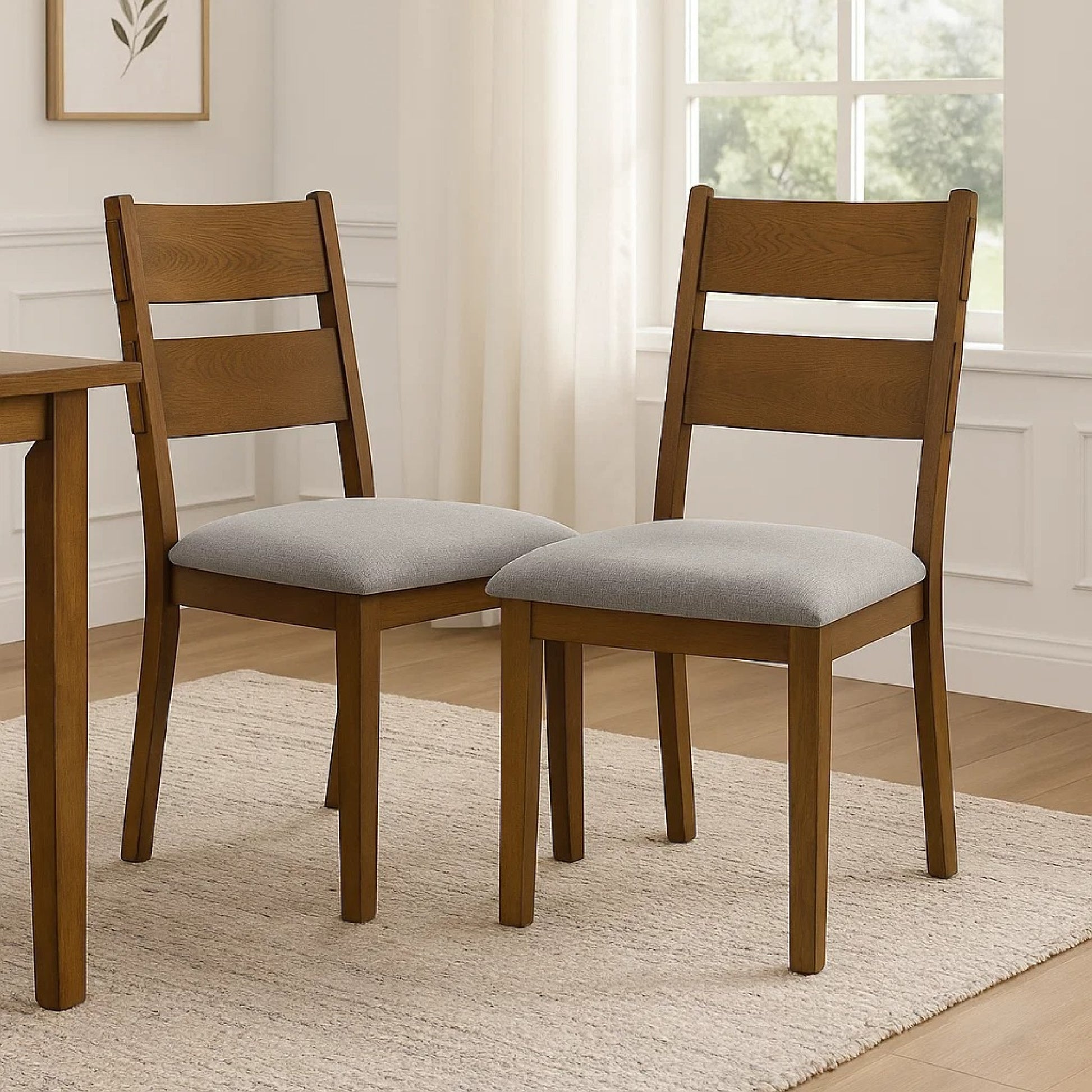 Lyoi Dining Chair Set of 2, Gray Padded Fabric Seat, Brown Wood Legs