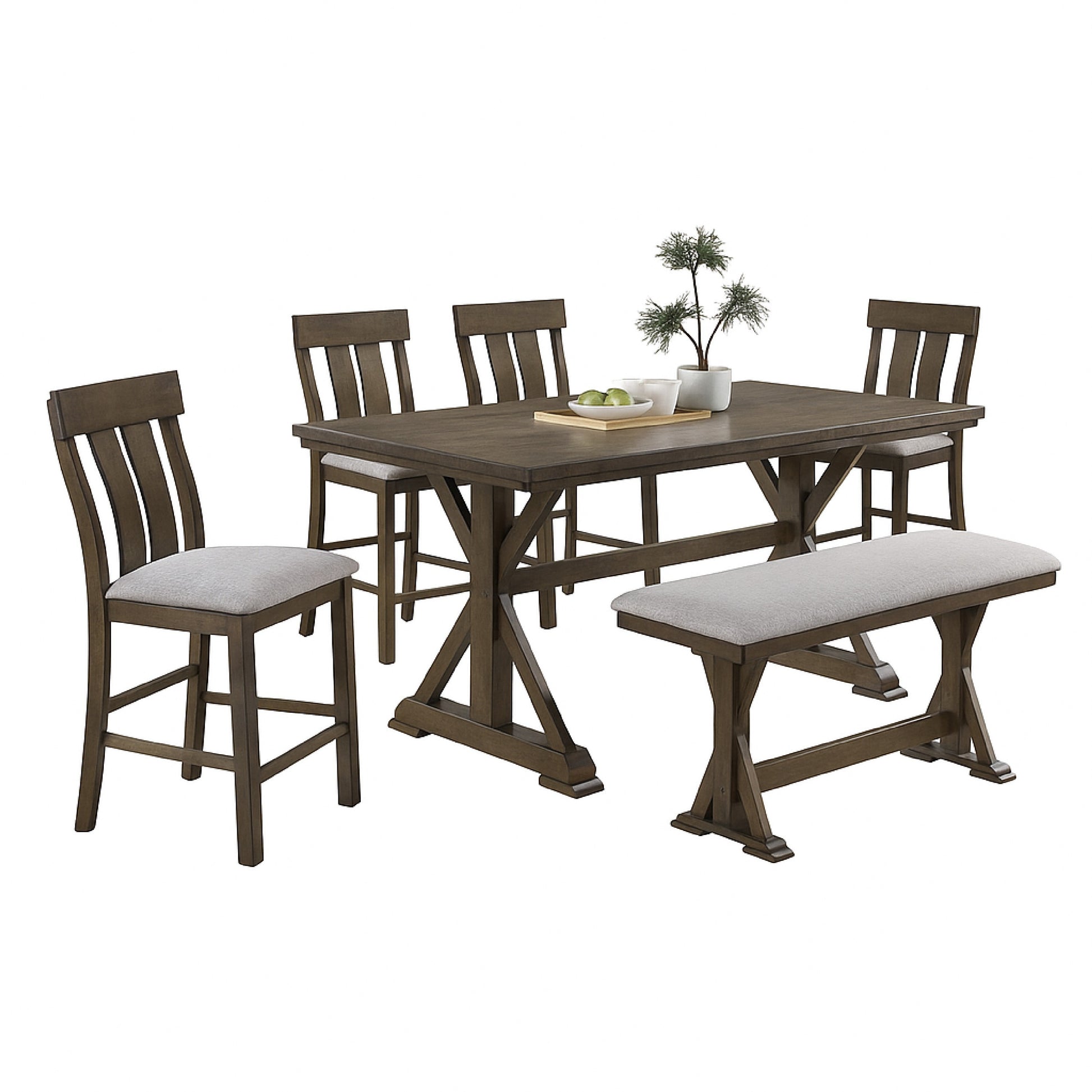 Omal Counter Height Dining Chair Set of 2, Brown Slatted Back, Gray Fabric