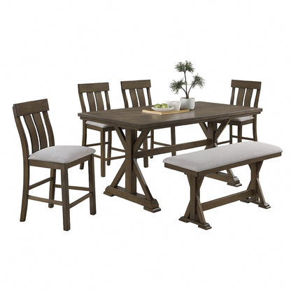 Omal Counter Height Dining Chair Set of 2, Brown Slatted Back, Gray Fabric