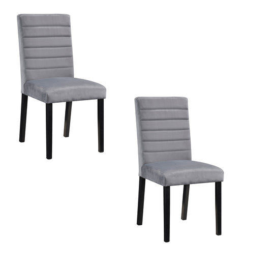Andy 18 Inch Side Dining Chairs Set of 2, Channel Tufted Gray Velvet, Black Wood