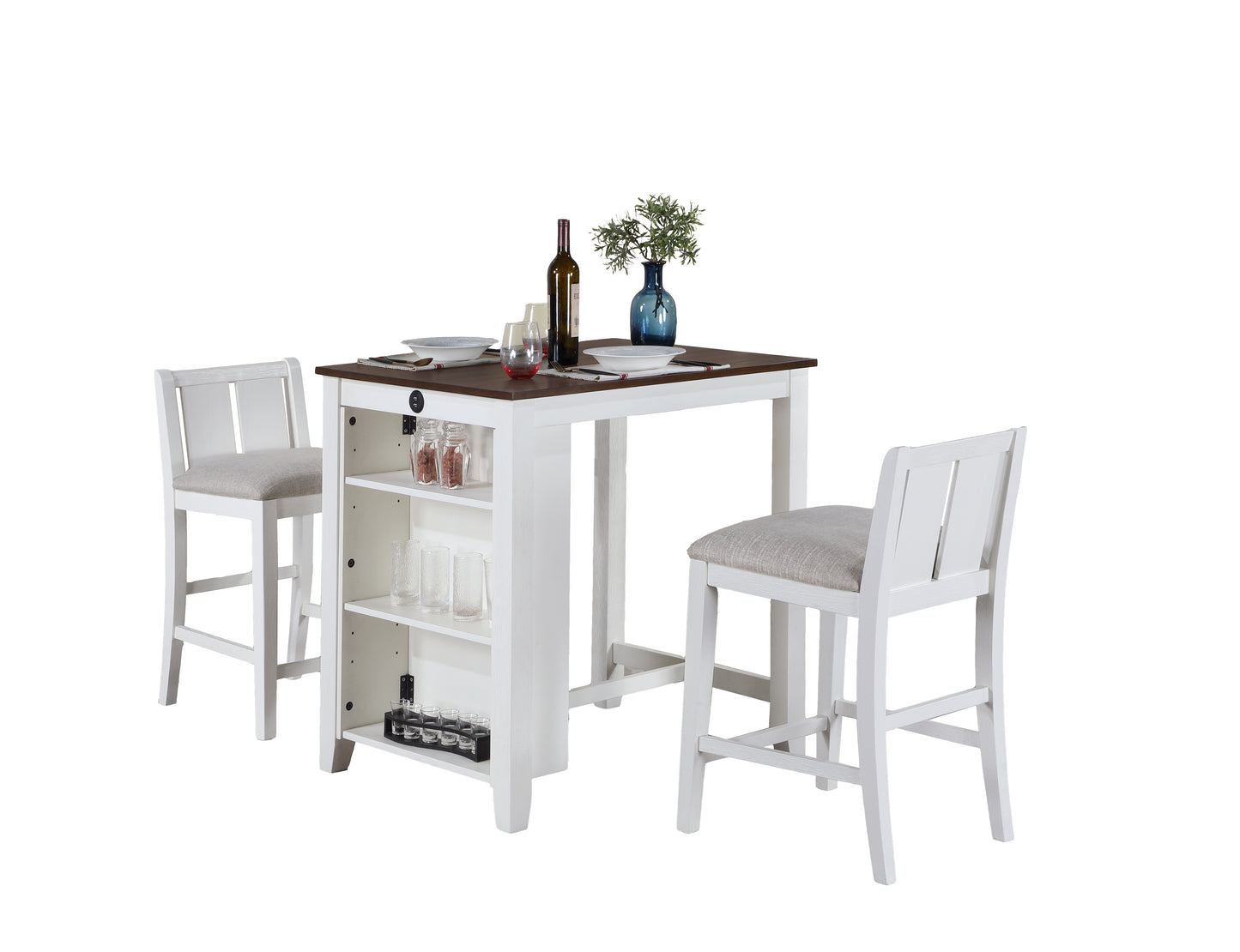 White Wood Dining Table Set with 2 Chairs and USB Charging Ports for Dining Room