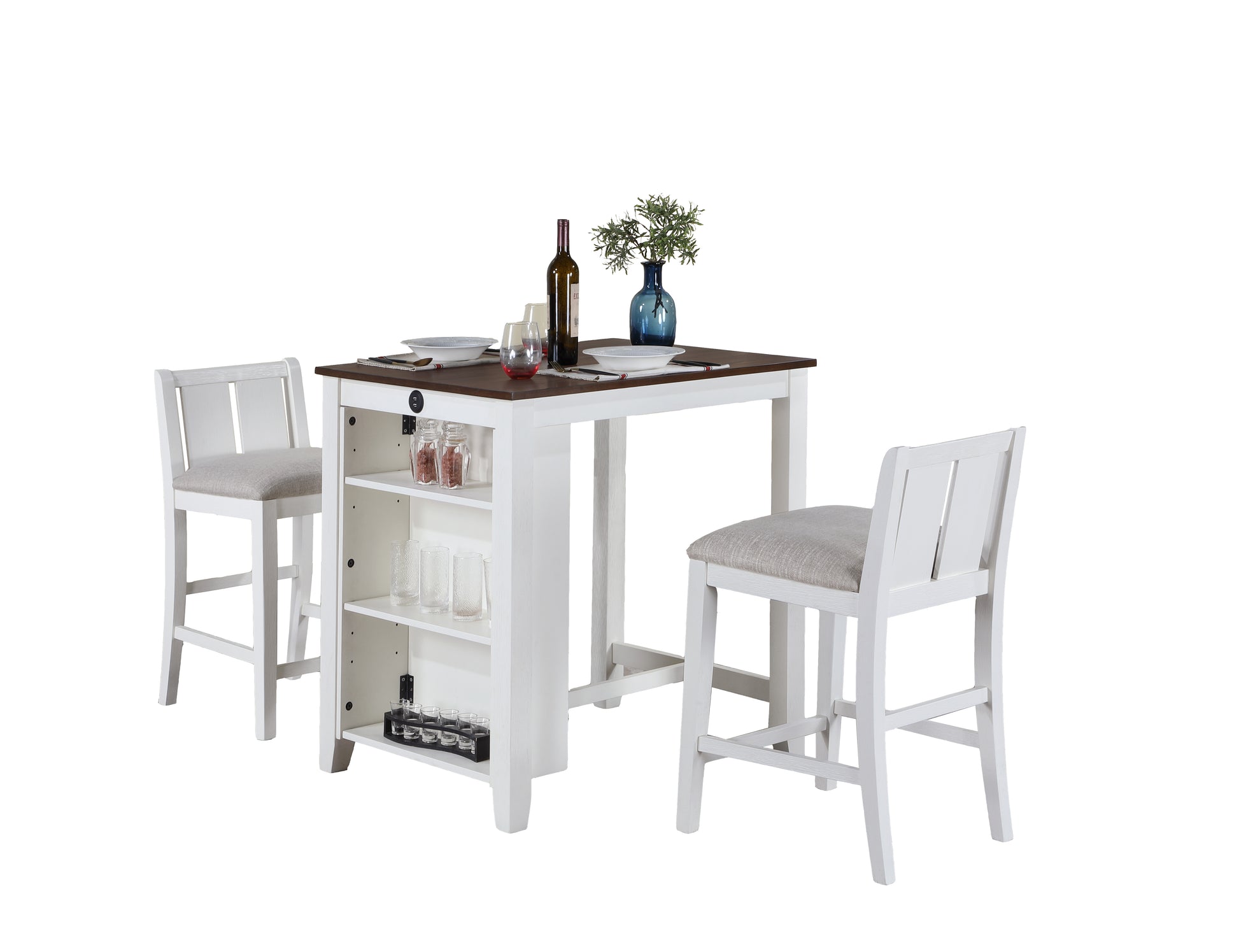 White Wood Dining Table Set with 2 Chairs and USB Charging Ports for Dining Room