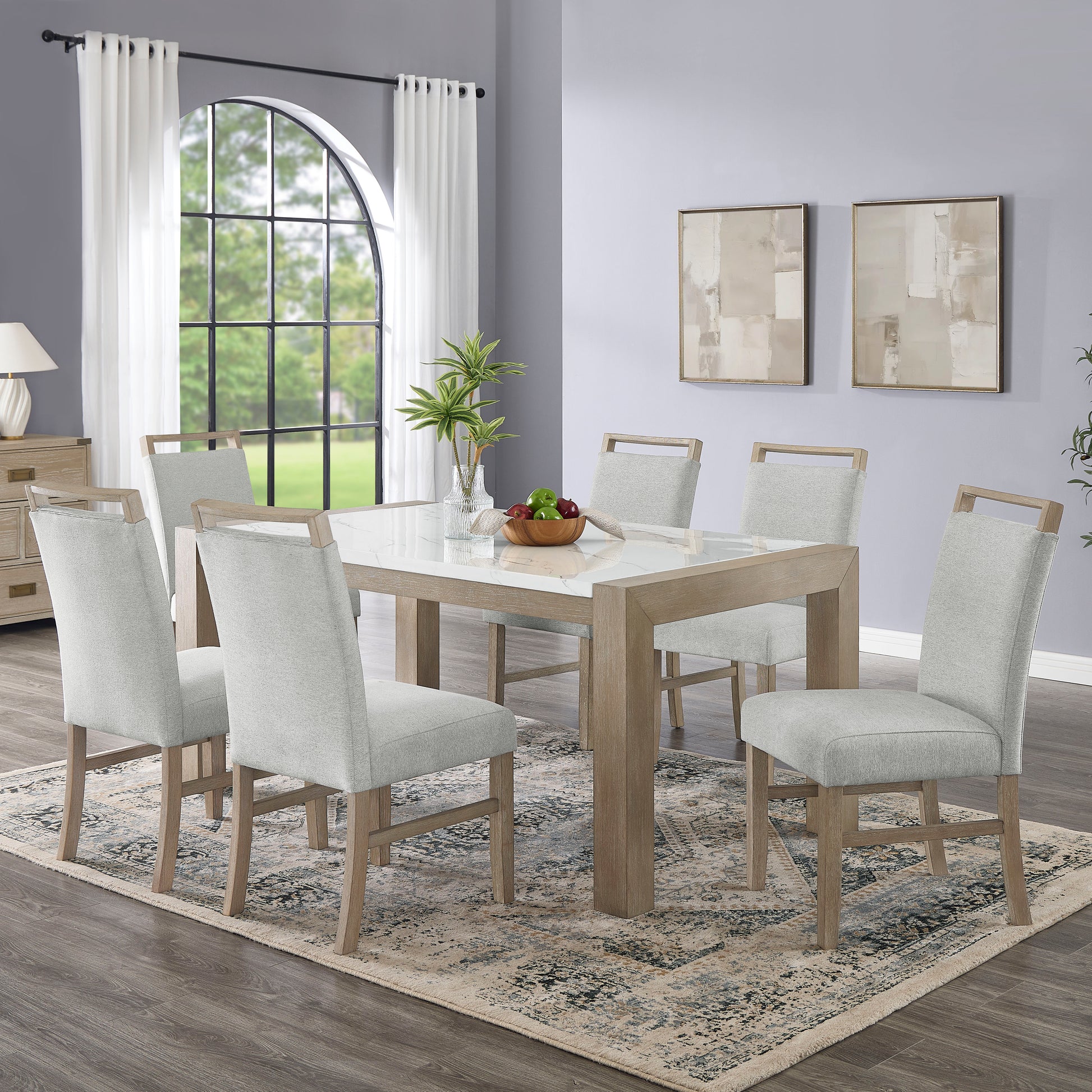 Tabitha 7Pc 66"W Rectangular White Faux Marble Top Dining Set in Light Oak Finish