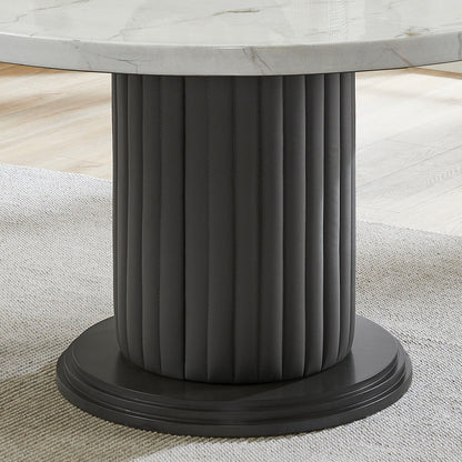 Valencia 5-Piece Round Dining Set - White Faux Marble, Gray Upholstered Chairs