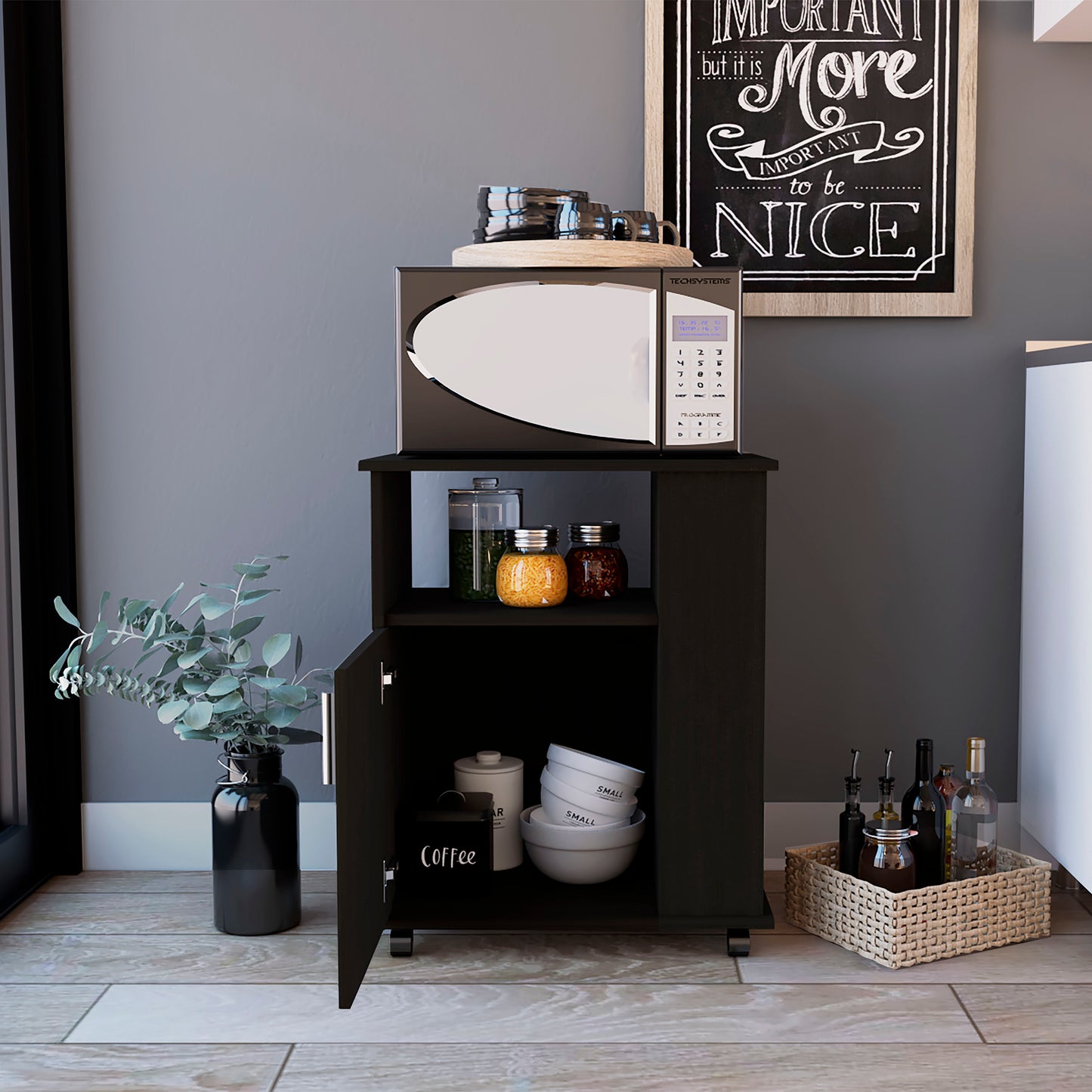 Wenge Particle Board Kitchen Island with Caster Storage