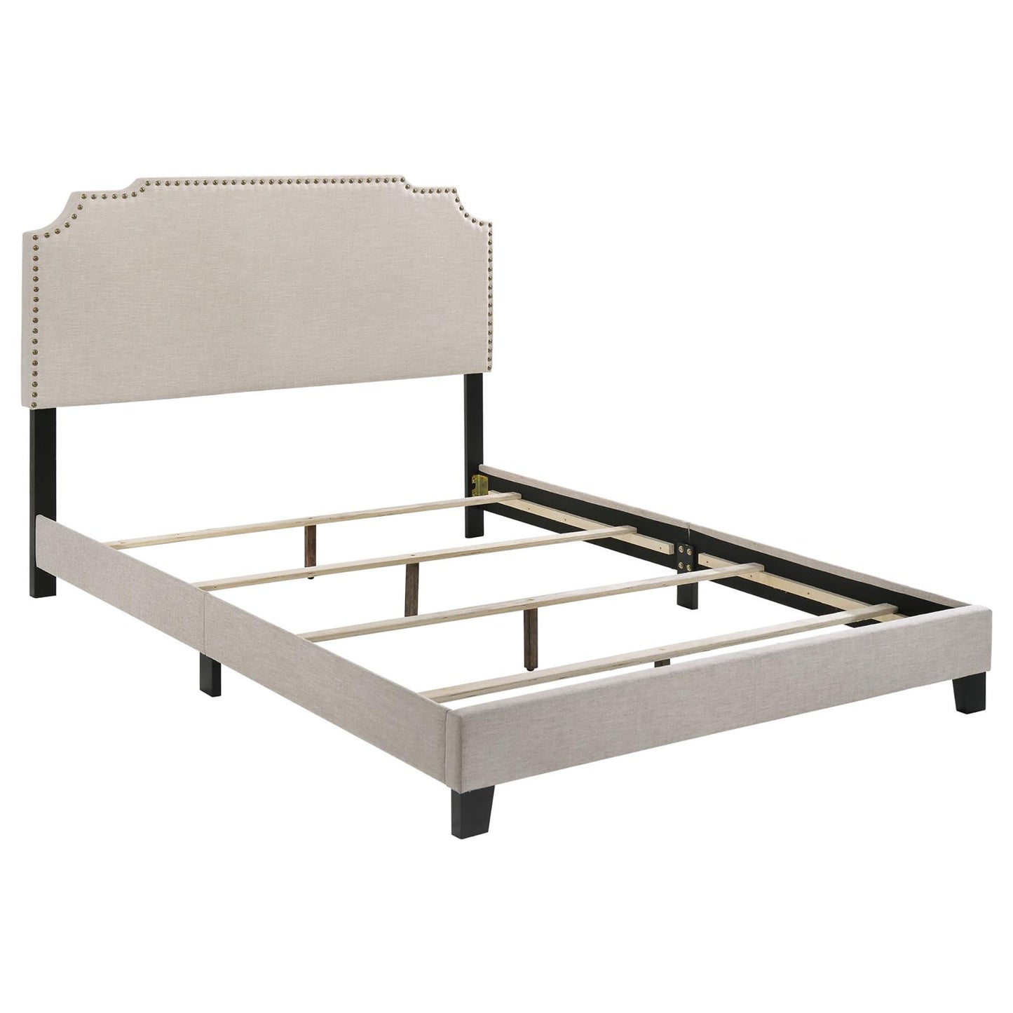 Beige Queen Panel Bed with Nailhead Trim for Bedroom