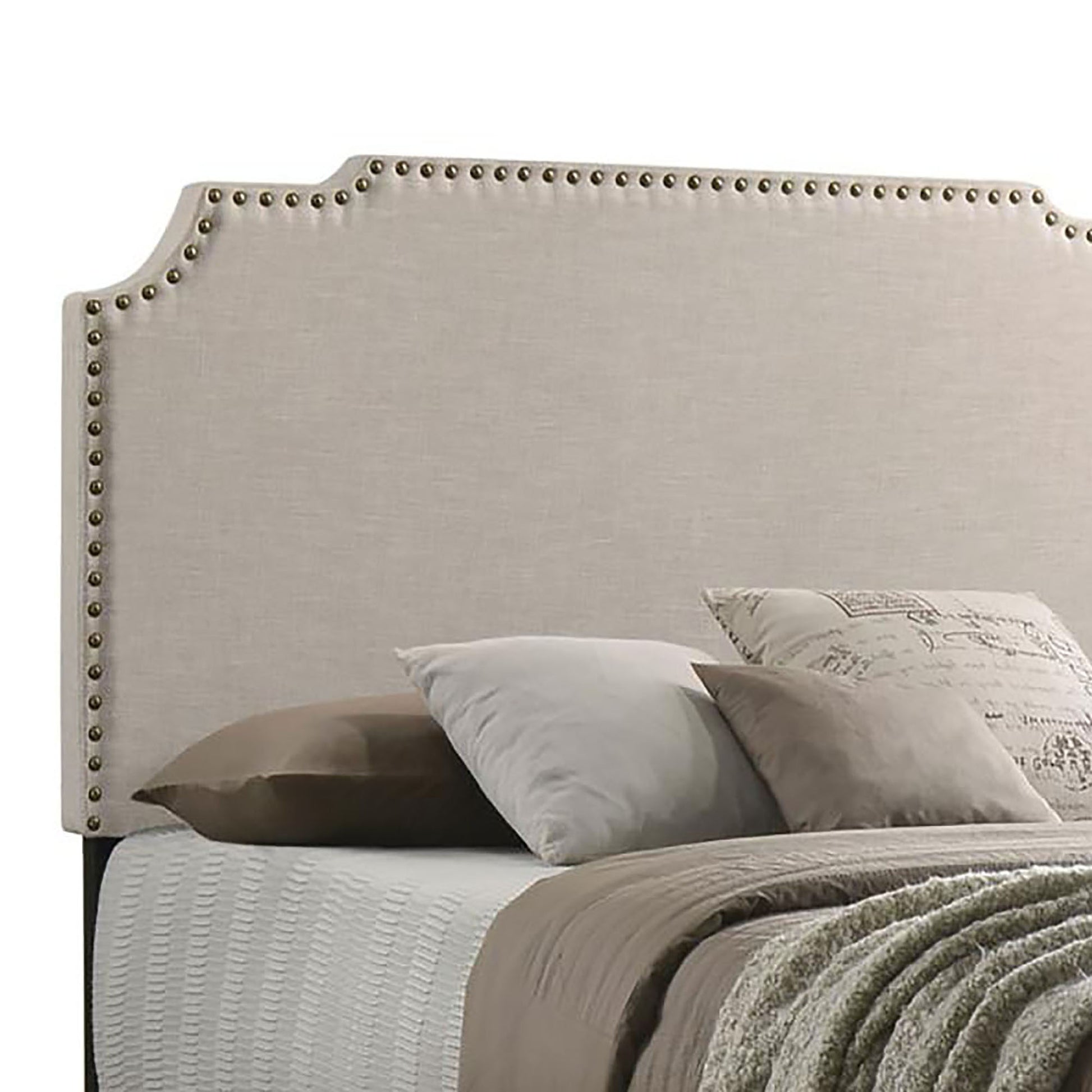 Beige Queen Panel Bed with Nailhead Trim for Bedroom