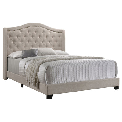 Beige Velvet Queen Wingback Bed Frame with Fabric Upholstery for Bedroom