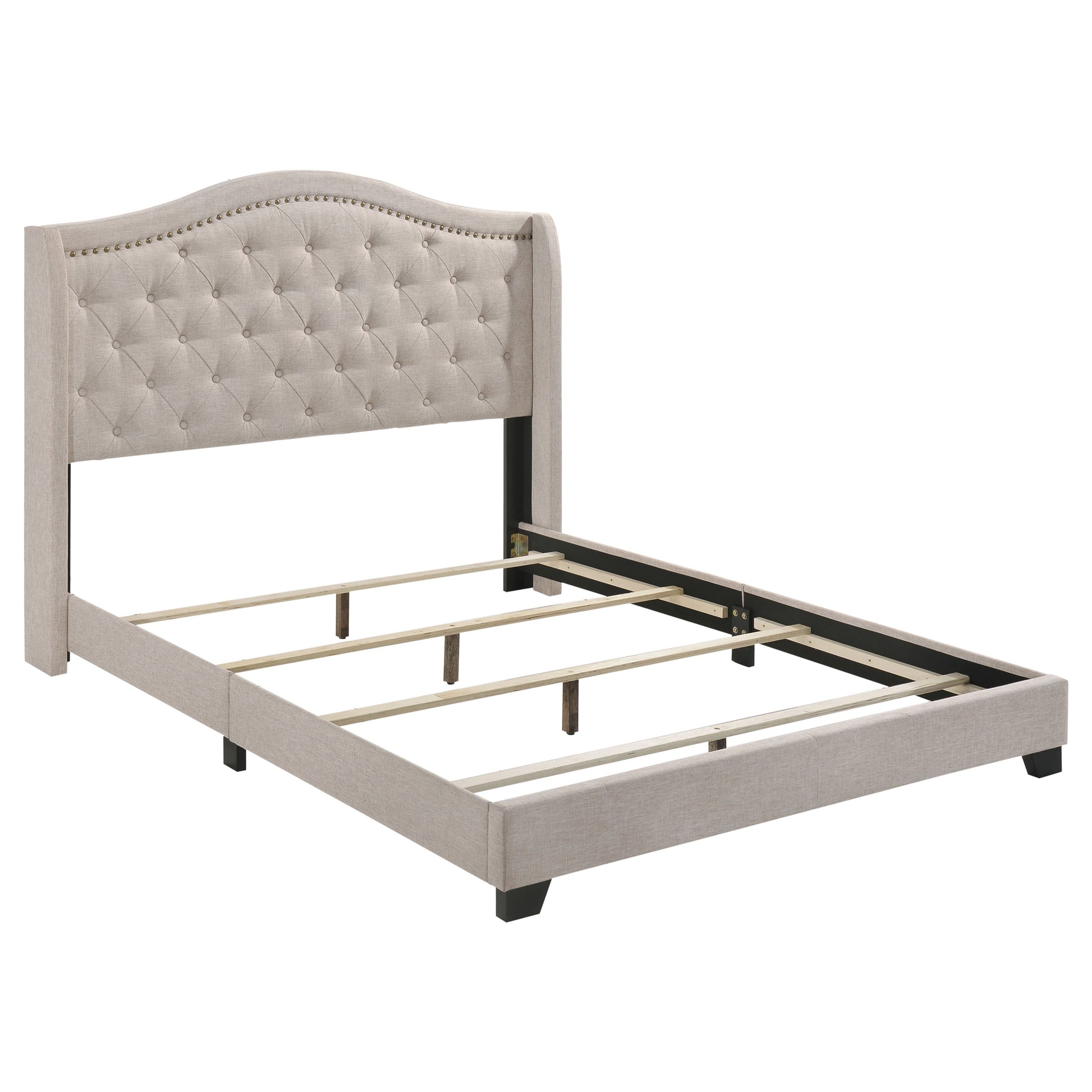 Beige Velvet Queen Wingback Bed Frame with Fabric Upholstery for Bedroom