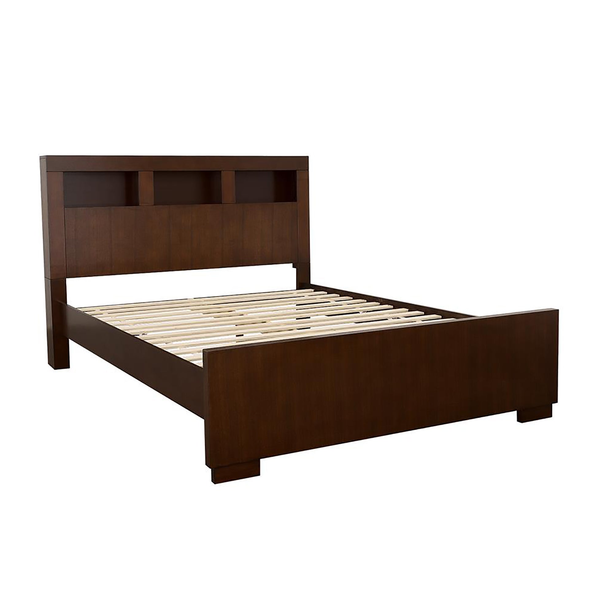 Queen Brown Wood Bed with Storage Headboard for Bedroom