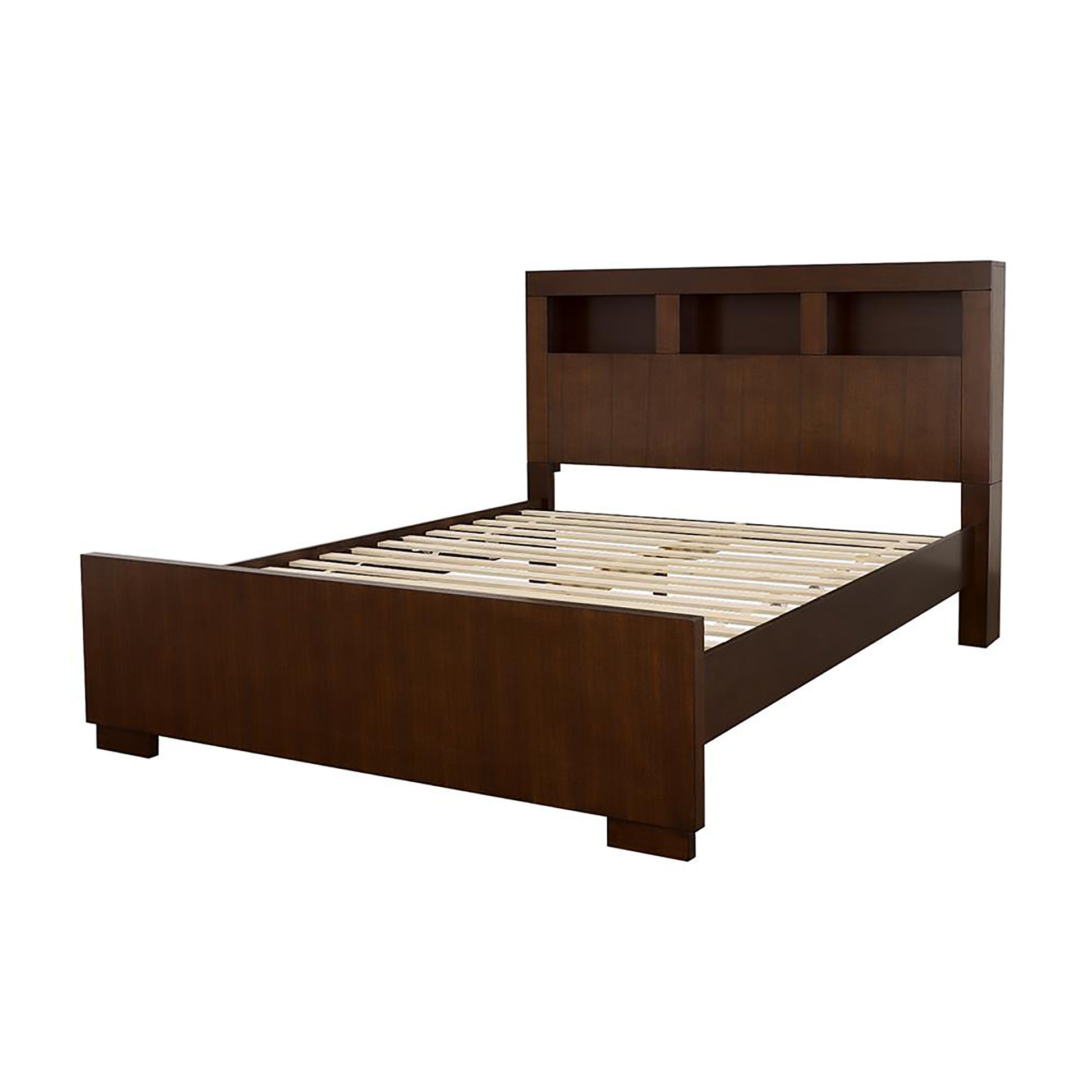 Queen Brown Wood Bed with Storage Headboard for Bedroom