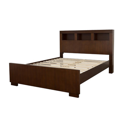 Queen Brown Wood Bed with Storage Headboard for Bedroom