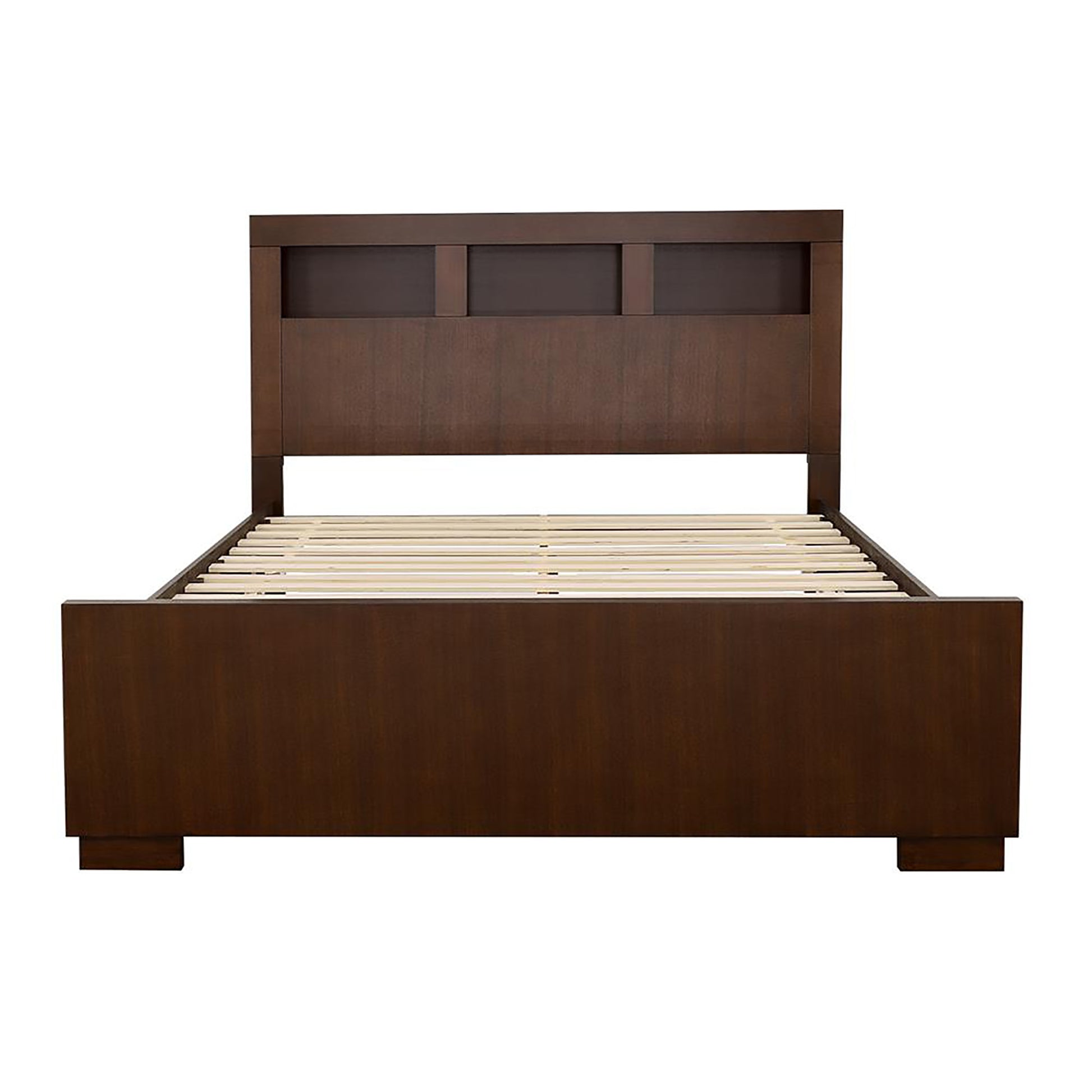 Queen Brown Wood Bed with Storage Headboard for Bedroom