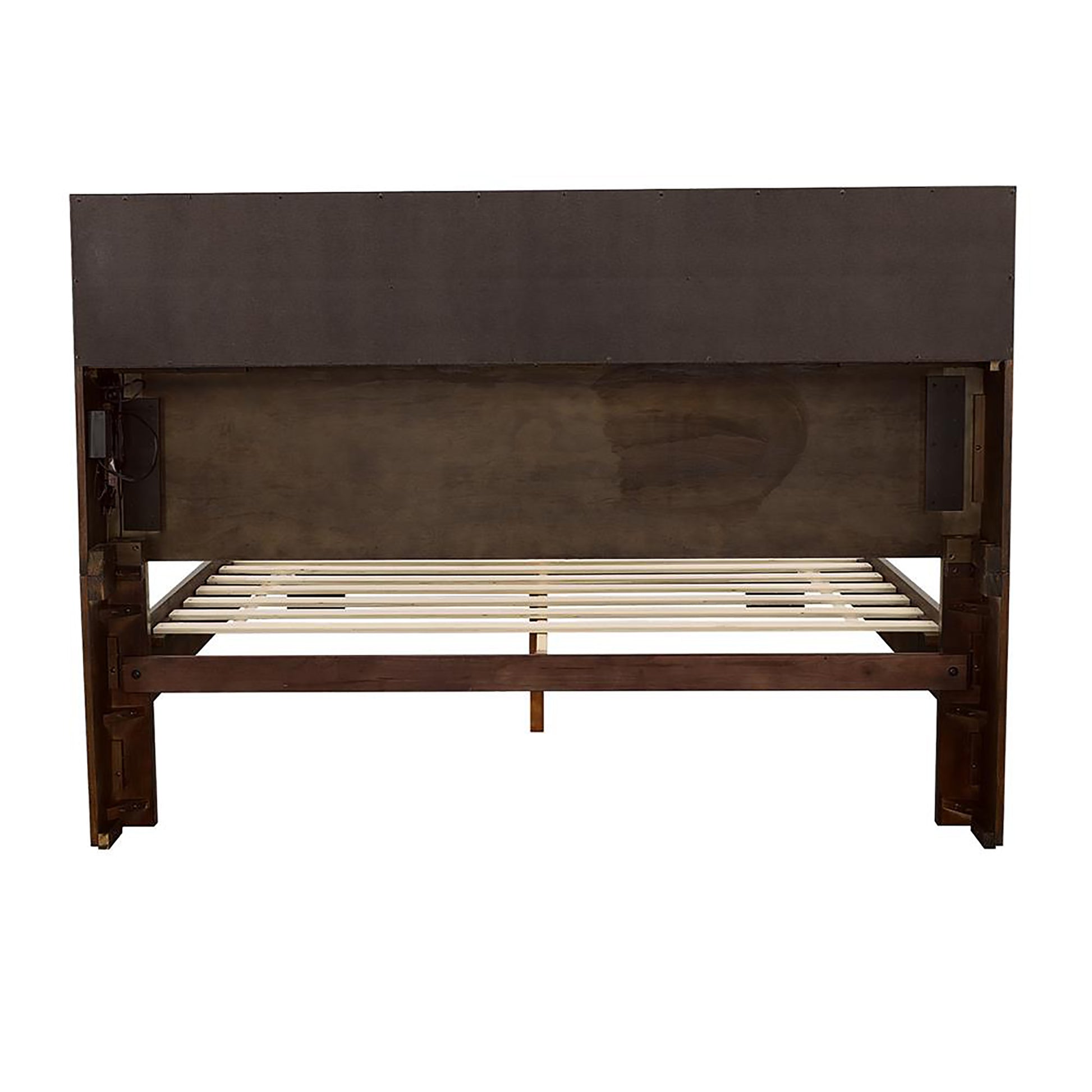 Queen Brown Wood Bed with Storage Headboard for Bedroom