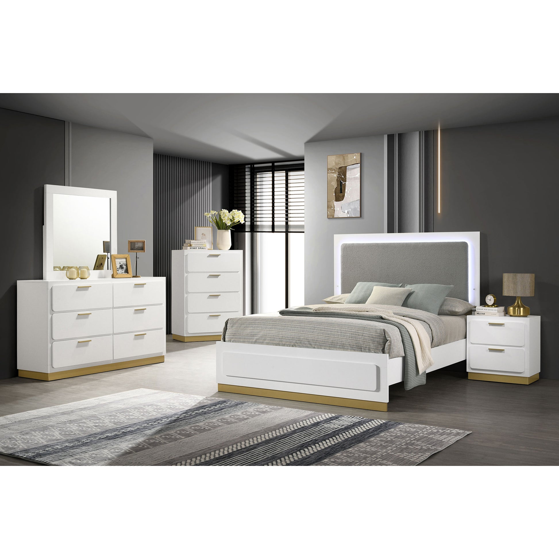 Sophia White Wood Queen LED Panel Bed - Modern Bedroom Frame