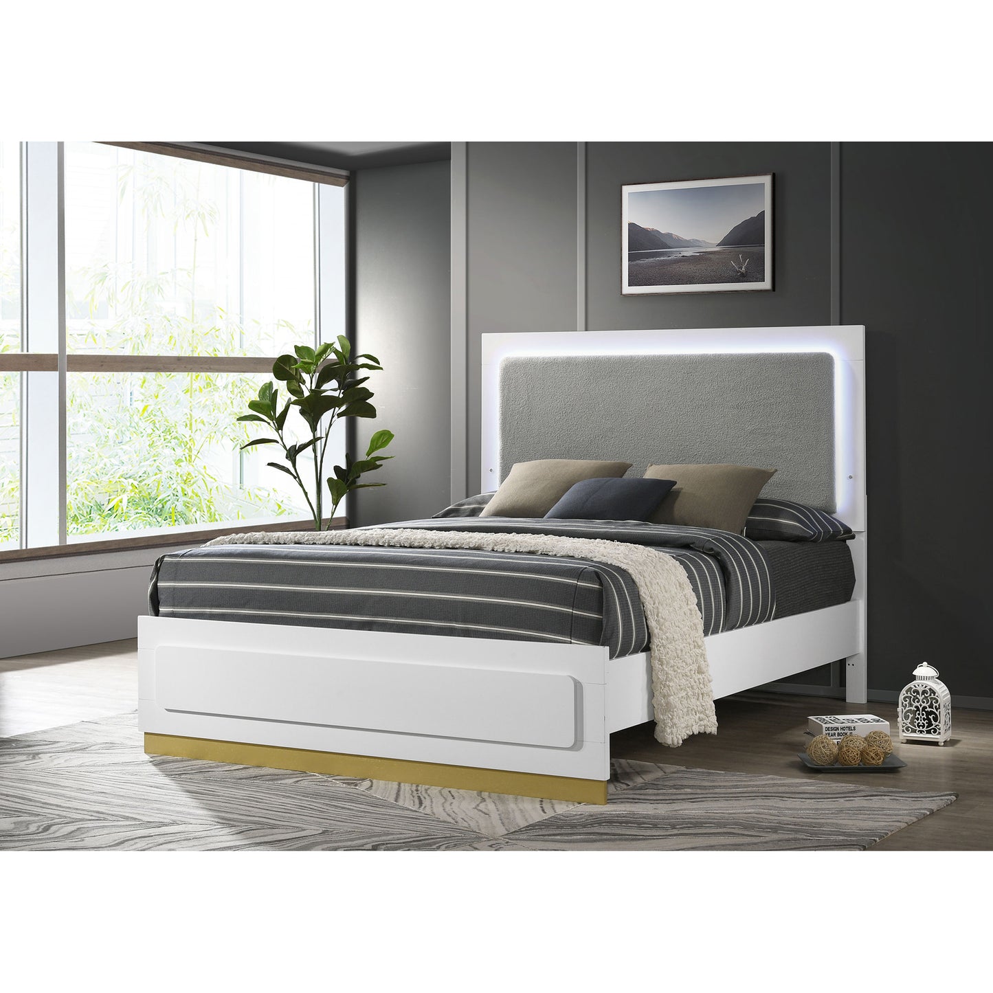 Sophia White Wood Queen LED Panel Bed