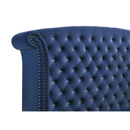 Blue Velvet King Wingback Bed with Chrome Legs for Bedroom