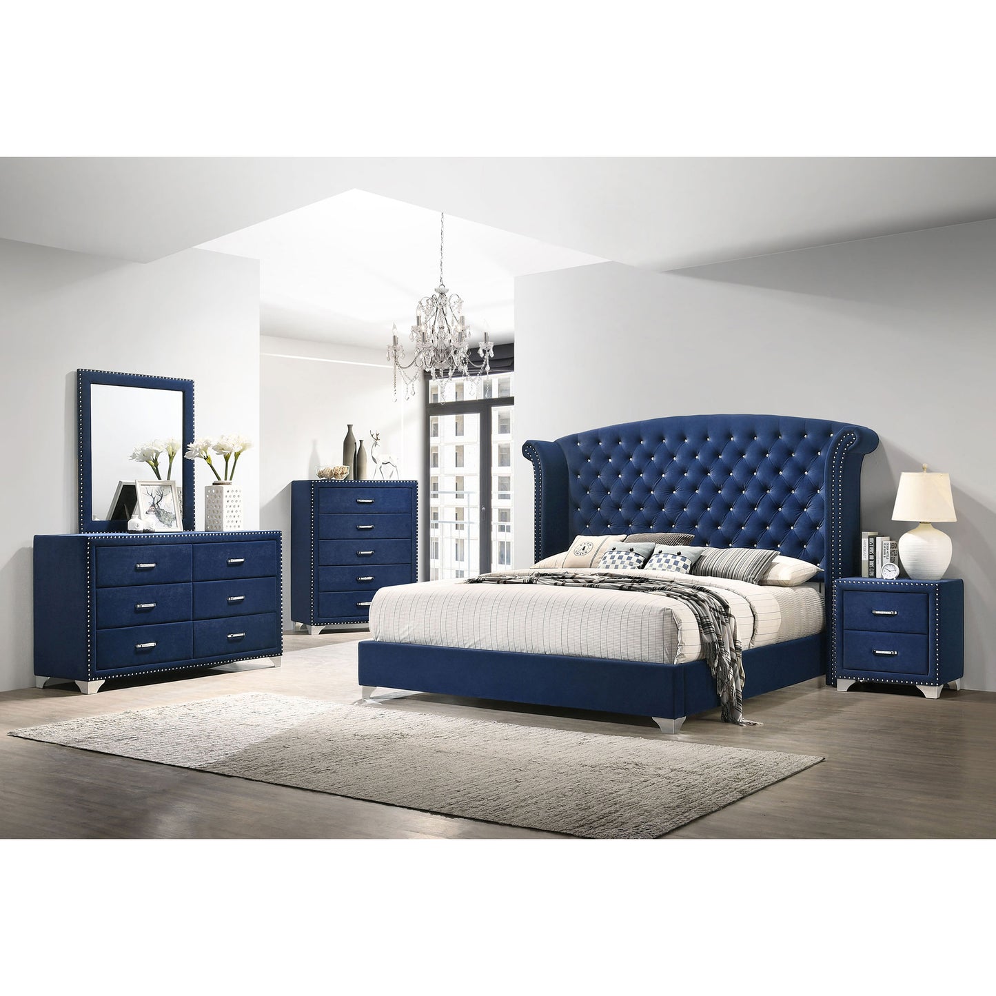 Blue Velvet King Wingback Bed with Chrome Legs for Bedroom