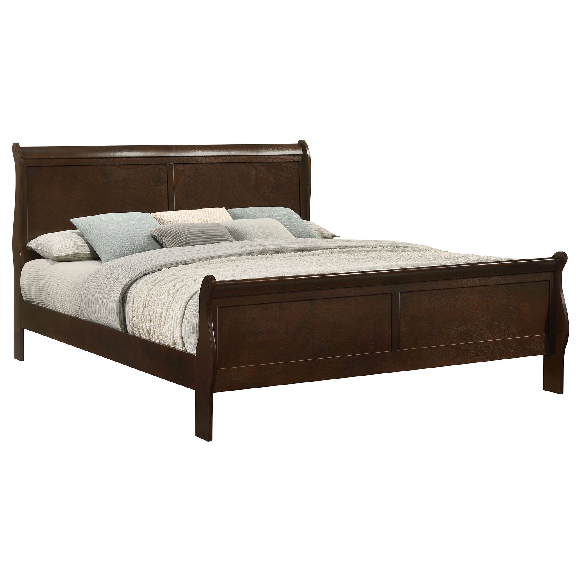 Cappuccino Wood King Sleigh Bed - No Box Spring Needed