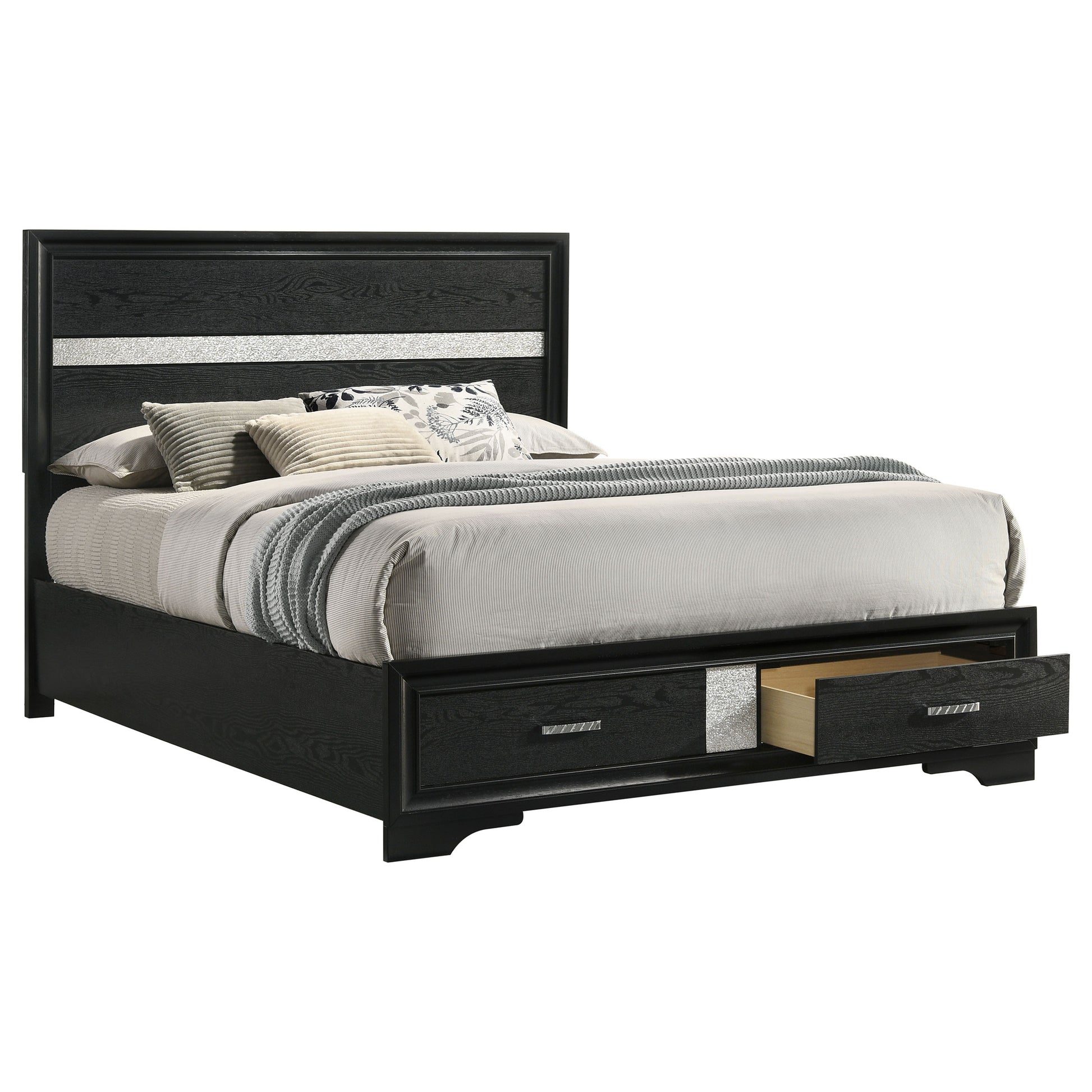 Black Solid Wood Queen Panel Bed with Integrated Storage Drawers for Bedroom