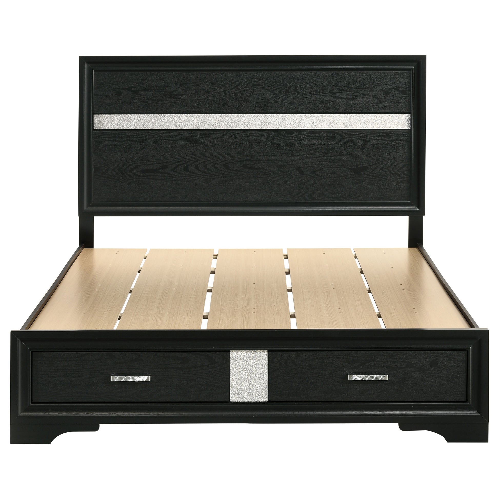 Black Solid Wood Queen Panel Bed with Integrated Storage Drawers for Bedroom